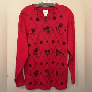 Bentley Vibrant Red Sweater with Black Floral Geometric Sequin Design size Large